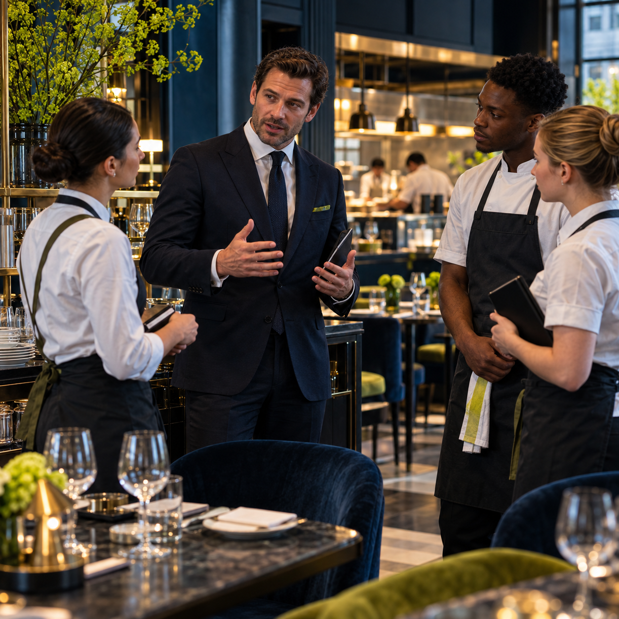 A hospitality manager briefing a restaurant team before service